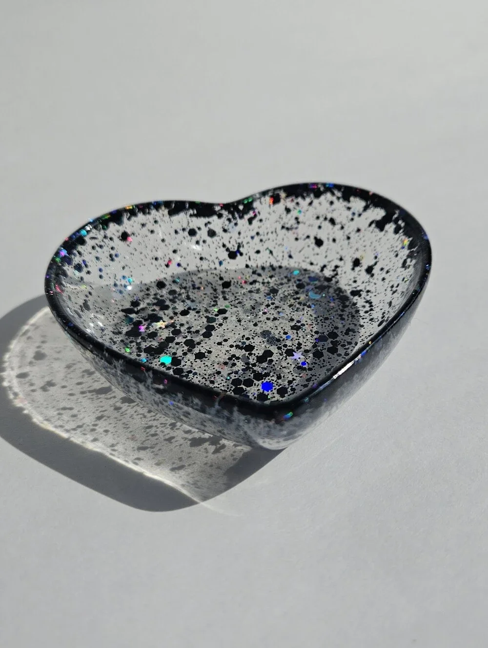 Handmade Holographic Black Glitter Mini Heart Resin Dish Jewelry Tray Girly Deco